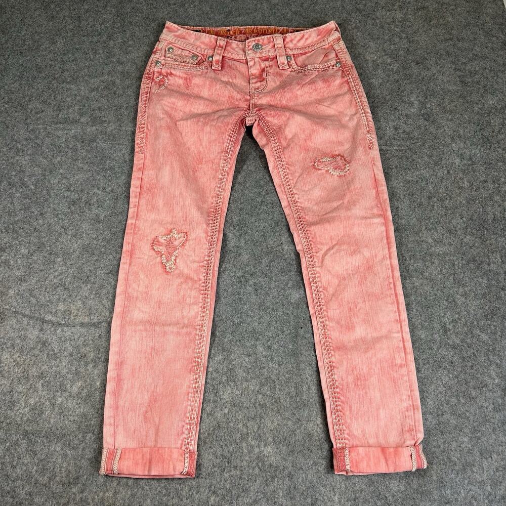 ROCK REVIVAL Kai Skinny Women's Jeans Size 27X27 Red Pink Acid Washed Low Rise
